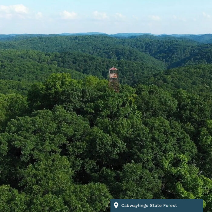A fire tower sits in the mountains at Cabwaylingo State Forest.