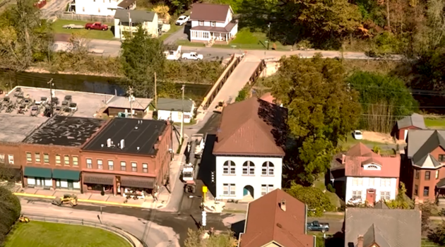 An aerial view of houses and businessses in Bramwell, West Virginia.