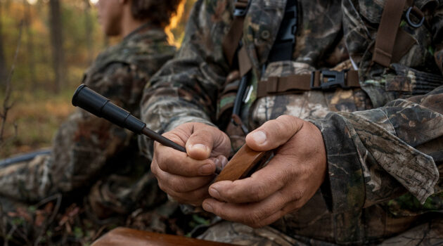 Two hunters sit together. One hunter uses a turkey call during turkey season.
