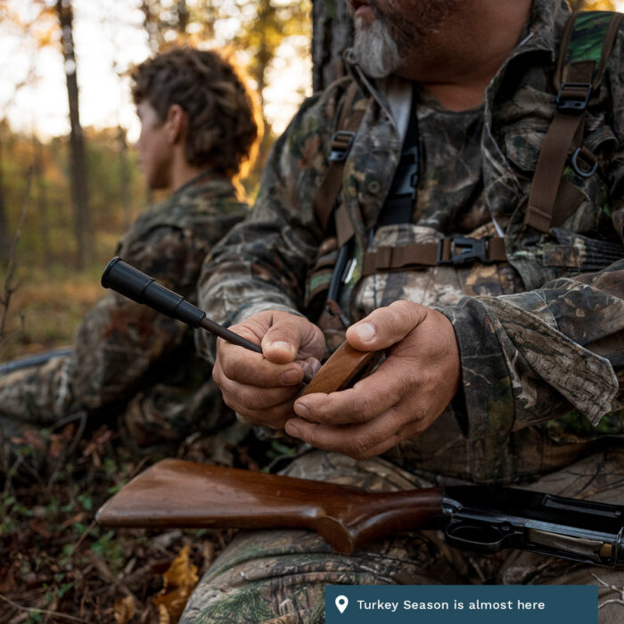 Two hunters sit together. One hunter uses a turkey call during turkey season.