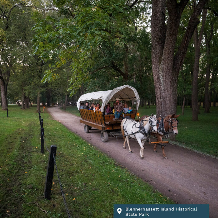 A covered wagon with horses does a tour of Blennerhassett Island Historical State Park